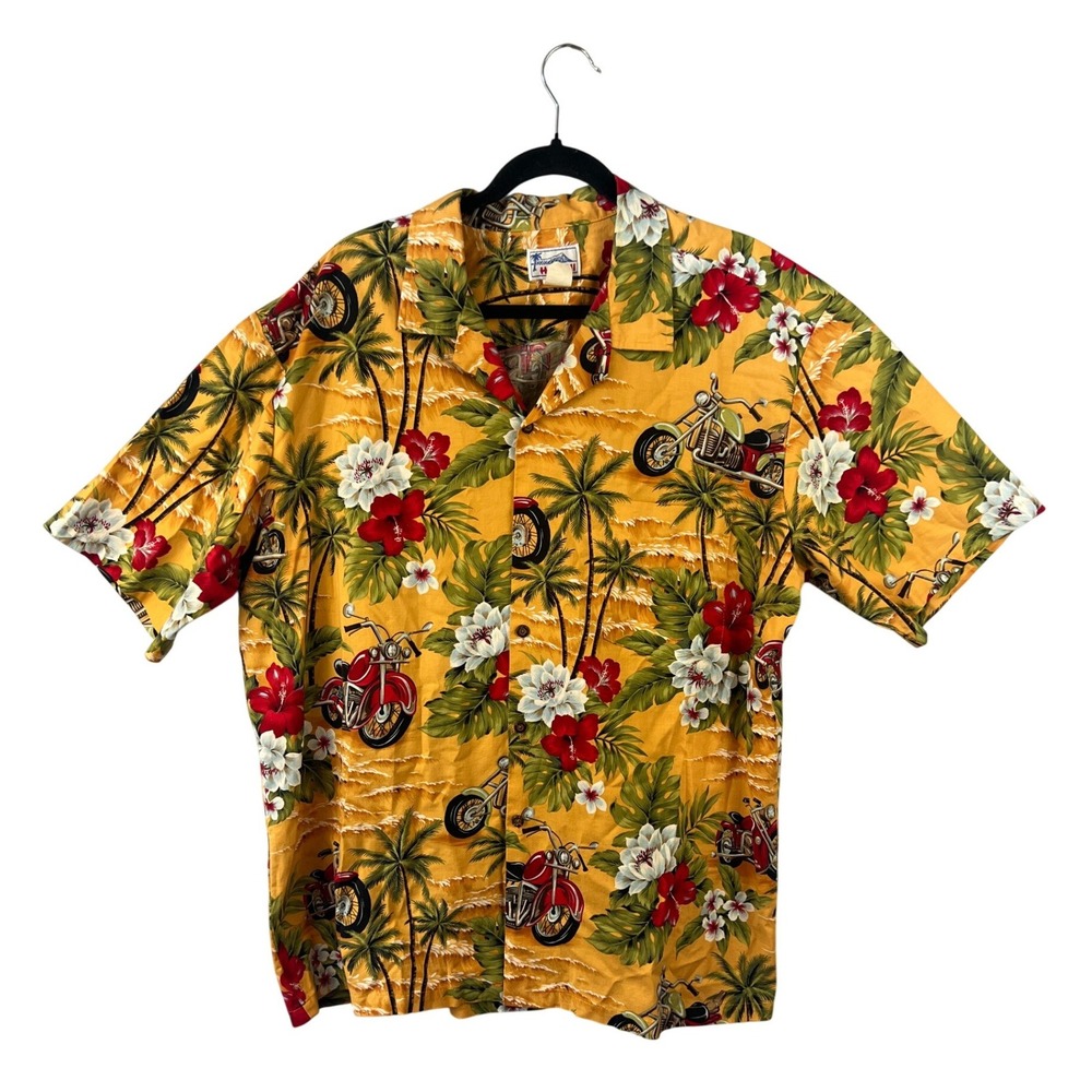 Vintage Cotton Hawaiian Camp SZ Size 2XL Tropical Floral Palm Trees Motorcycles